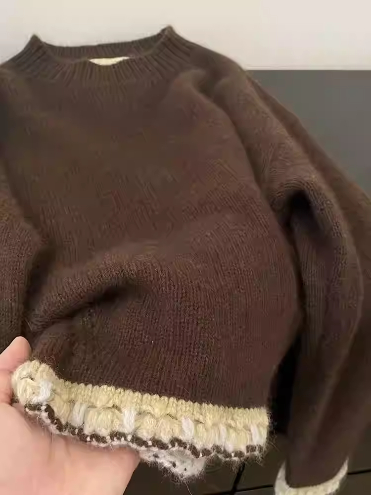 Feminino marrom retalhos pulôv - Winter Cloth avaliação e preço
